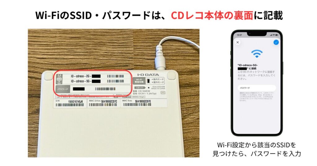 スクリーンショット：SSID・パスワードを見つけて、Wi-FI接続