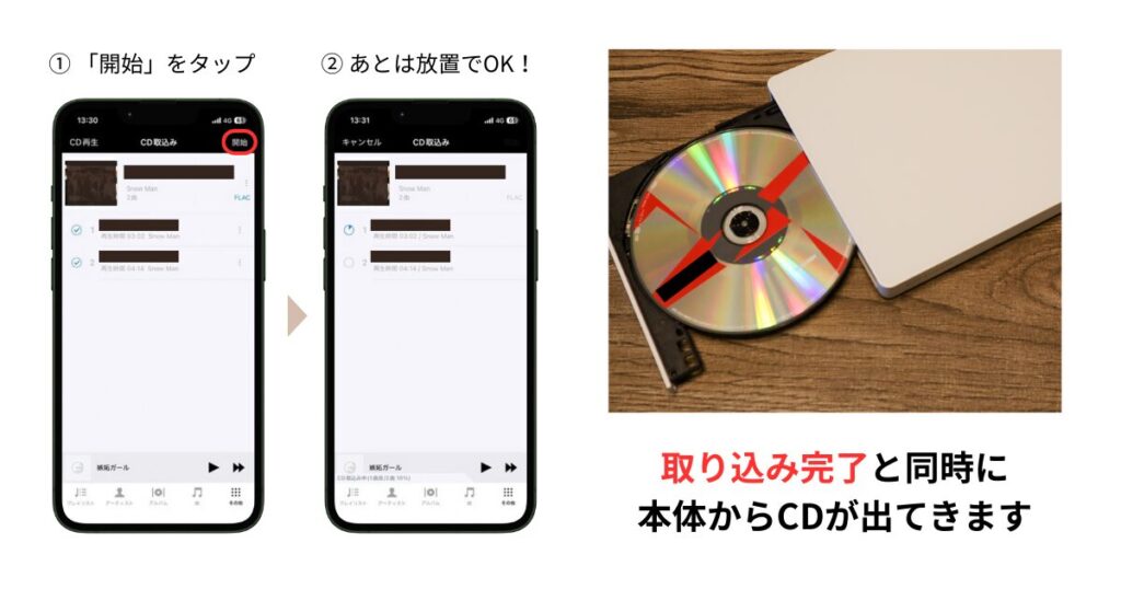 スクリーンショット：CDの取り込み〜完了