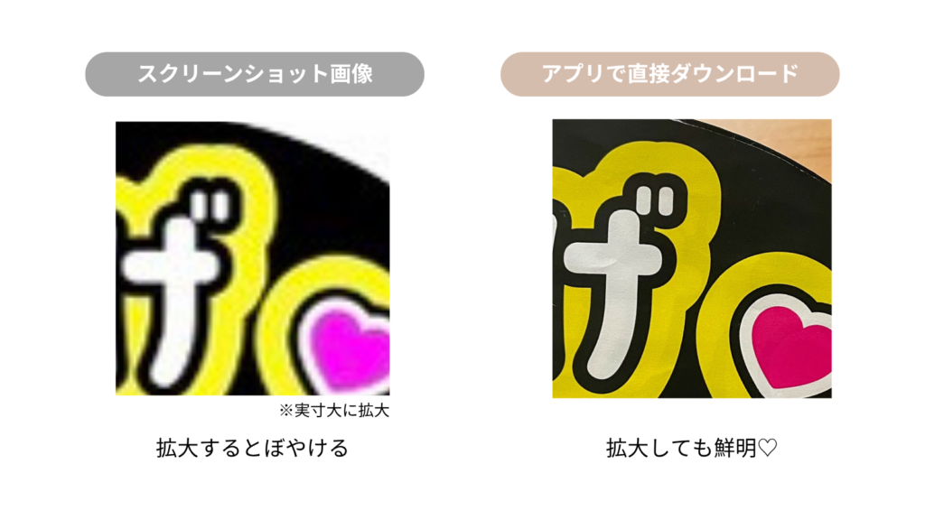 NG/OK例：スクショで撮ったうちわ文字 / 高画質で出力したうちわ文字