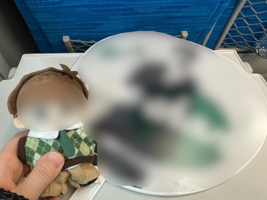 画像:新幹線の窓際に推しぬいを置いて撮影した写真