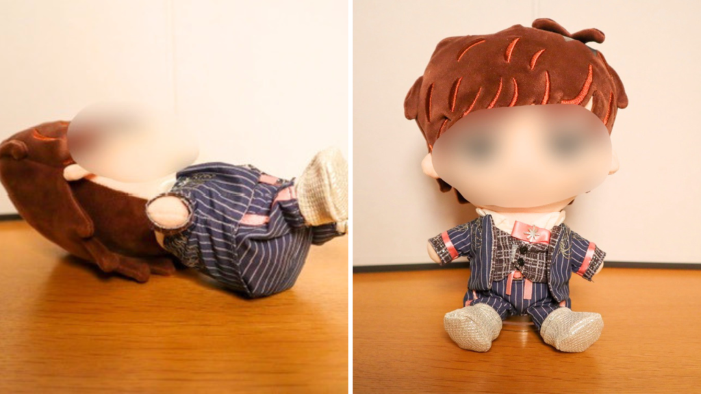画像イメージ：ぐてっと倒れたぬいぐるみ / スタンドでシャキッと立ったぬいぐるみのBefore・After写真