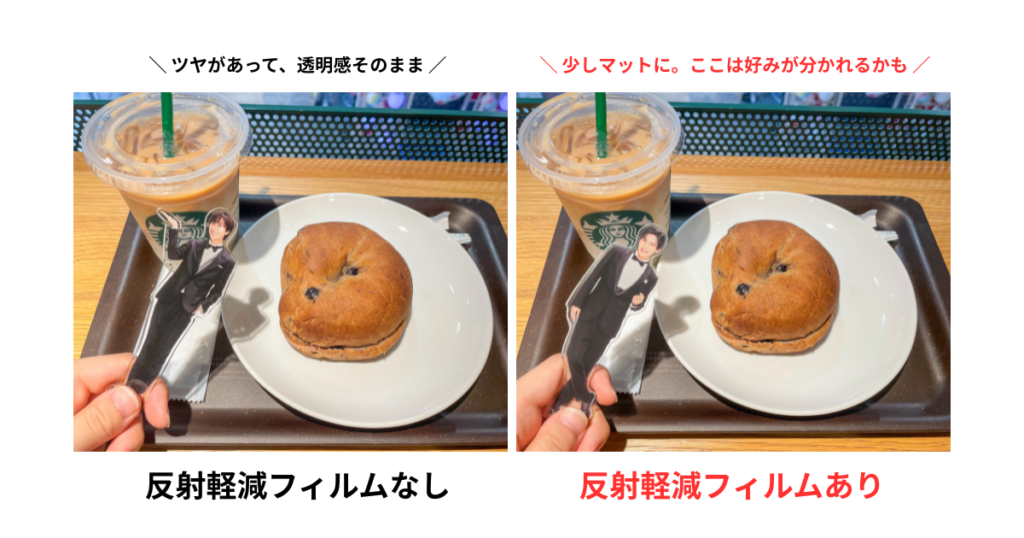 反射軽減フィルムを貼っていないアクスタと貼ったアクスタの見え方の比較